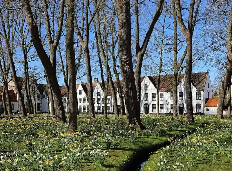 White gabled houses with red tiled roofs behind tall bare trees, with a meadow of yellow and white daffodils in the foreground and a narrow stream at the right.
