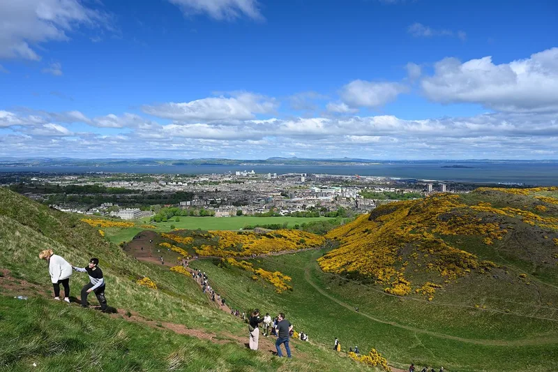 Walkers on a grassy hillside path with yellow gorse in bloom, looking out over the city and the Firth of Forth under a blue sky with clouds.