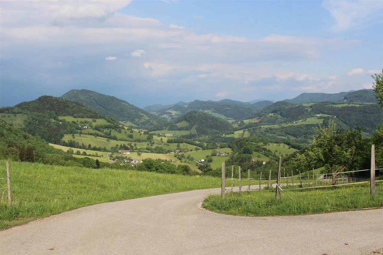 Rolling green meadows and wooded hills of the Pielachtal under a partly cloudy sky, with scattered farms in the valley.