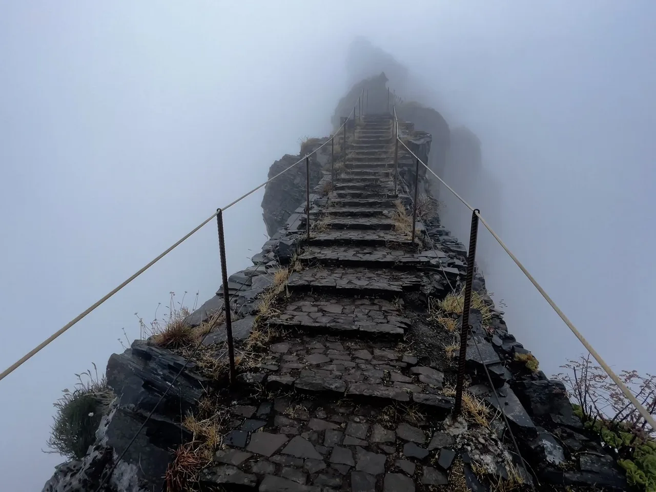 A steep stone staircase with rope handrails climbs a narrow ridge into thick fog.