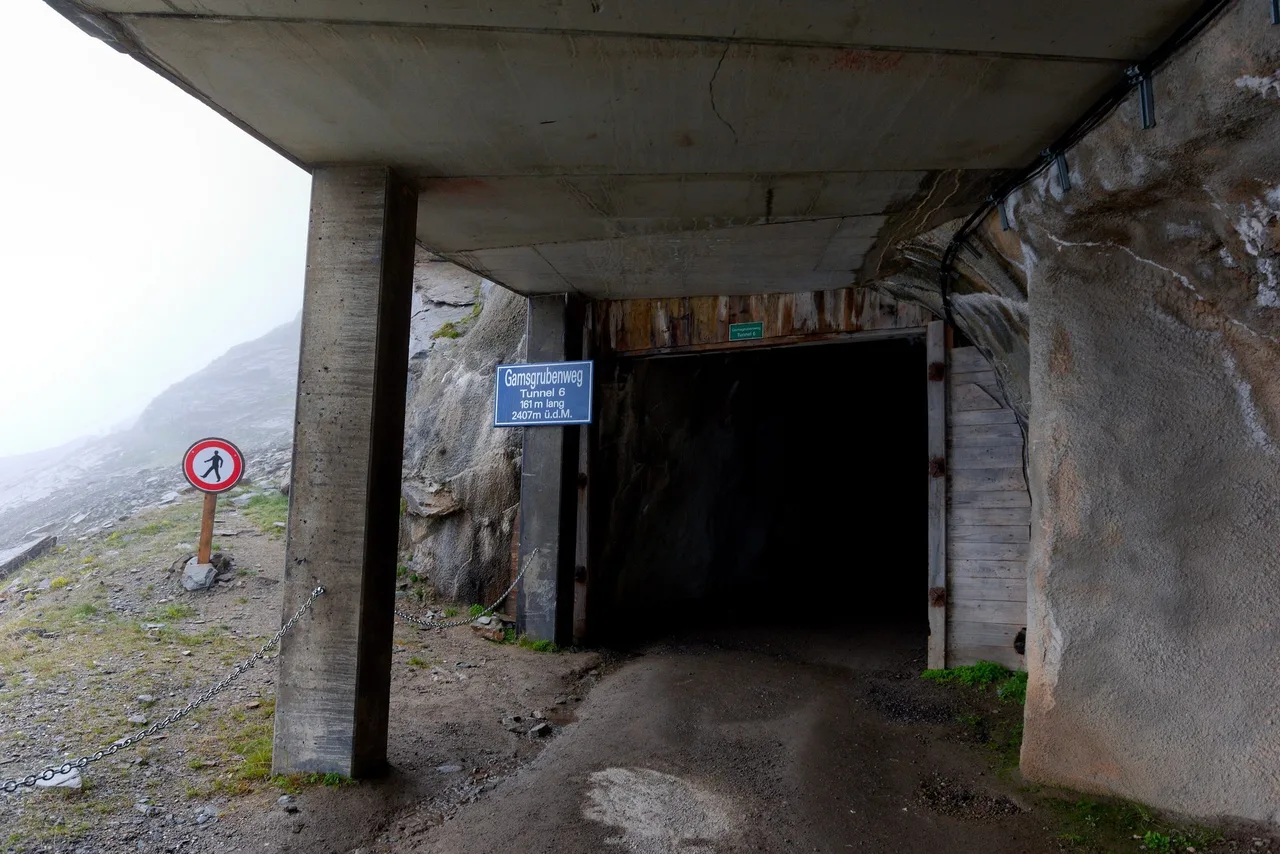 Concrete-roofed tunnel portal in grey rock with a blue sign reading Gamsgrubenweg Tunnel 6 and a no-pedestrians sign in the mist.