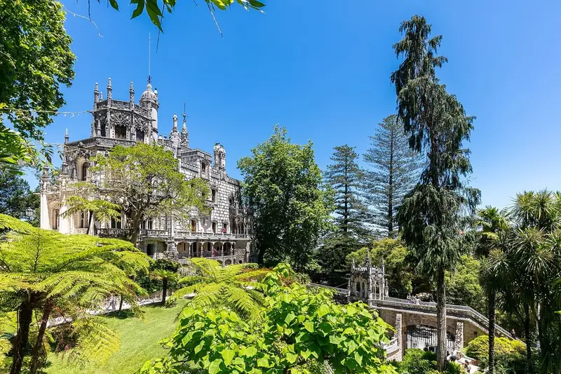 The grey, richly carved palace of Quinta da Regaleira among tall trees and tree ferns, with a stone staircase and a small chapel at the right.