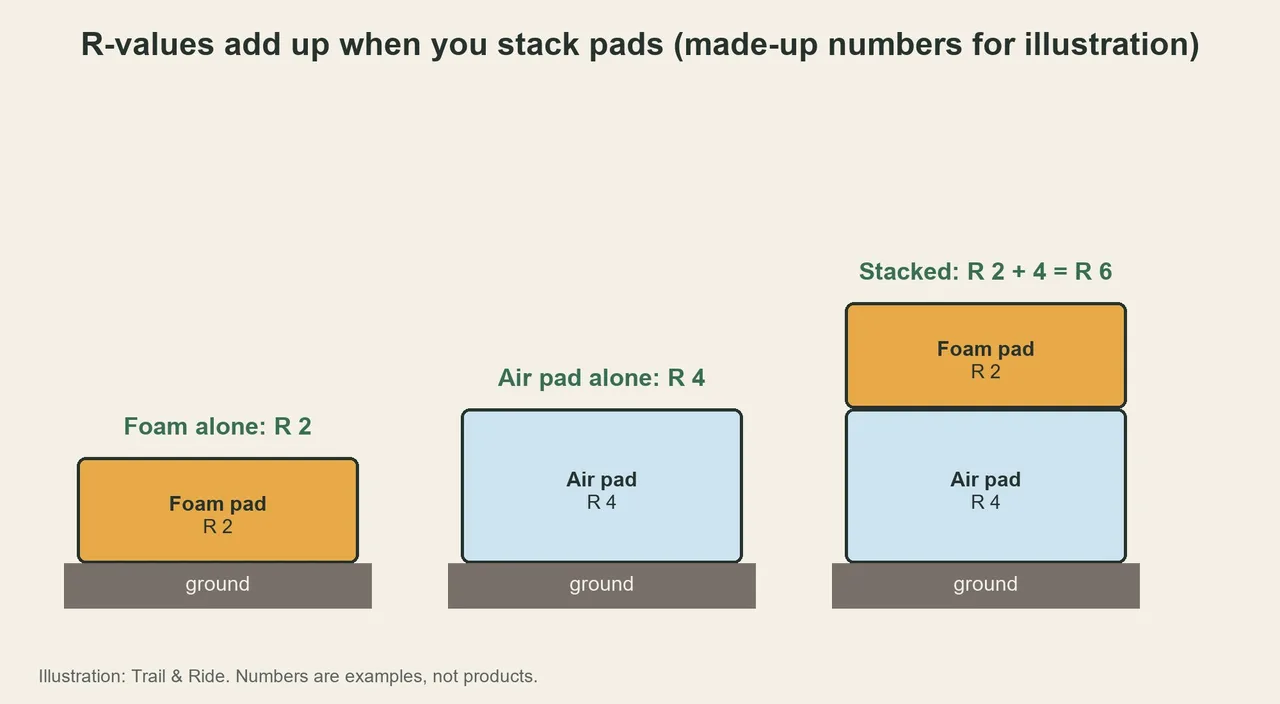 Diagram with three stacks: a foam pad of R 2, an air pad of R 4, and both stacked for R 6, to show that R-values add up.