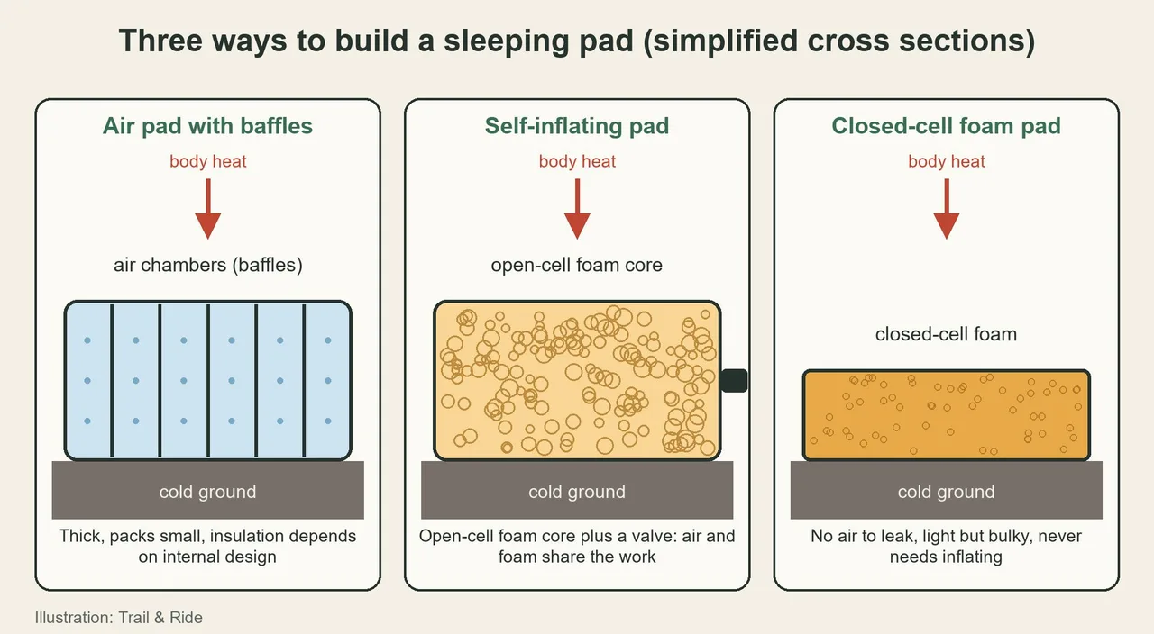 Diagram with three panels showing simplified cross sections of an air pad with baffles, a self-inflating pad with an open-cell foam core and valve, and a closed-cell foam pad, each above cold ground with an arrow for body heat.