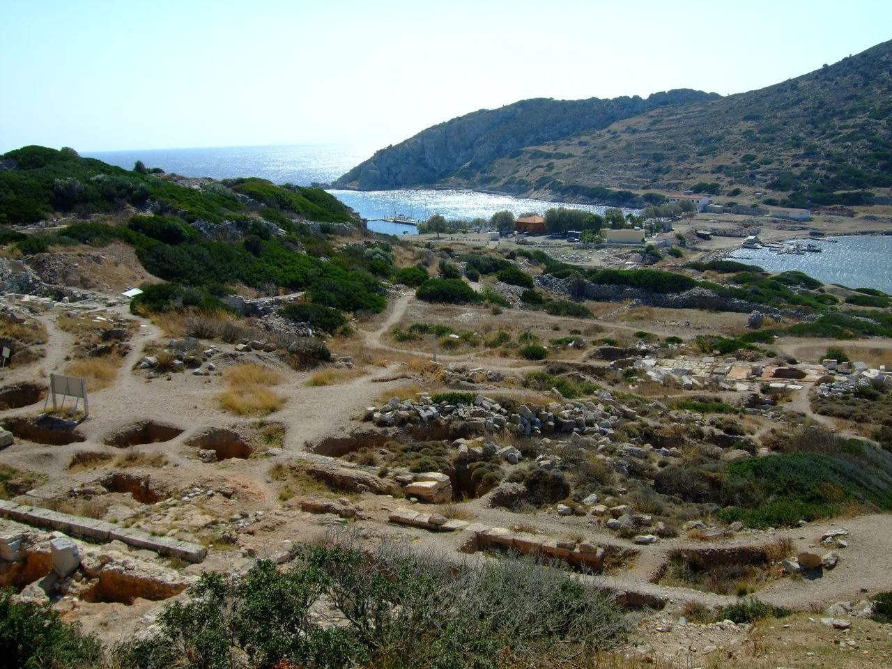 View over the excavated terraces of ancient Knidos towards the two harbour bays and the open sea