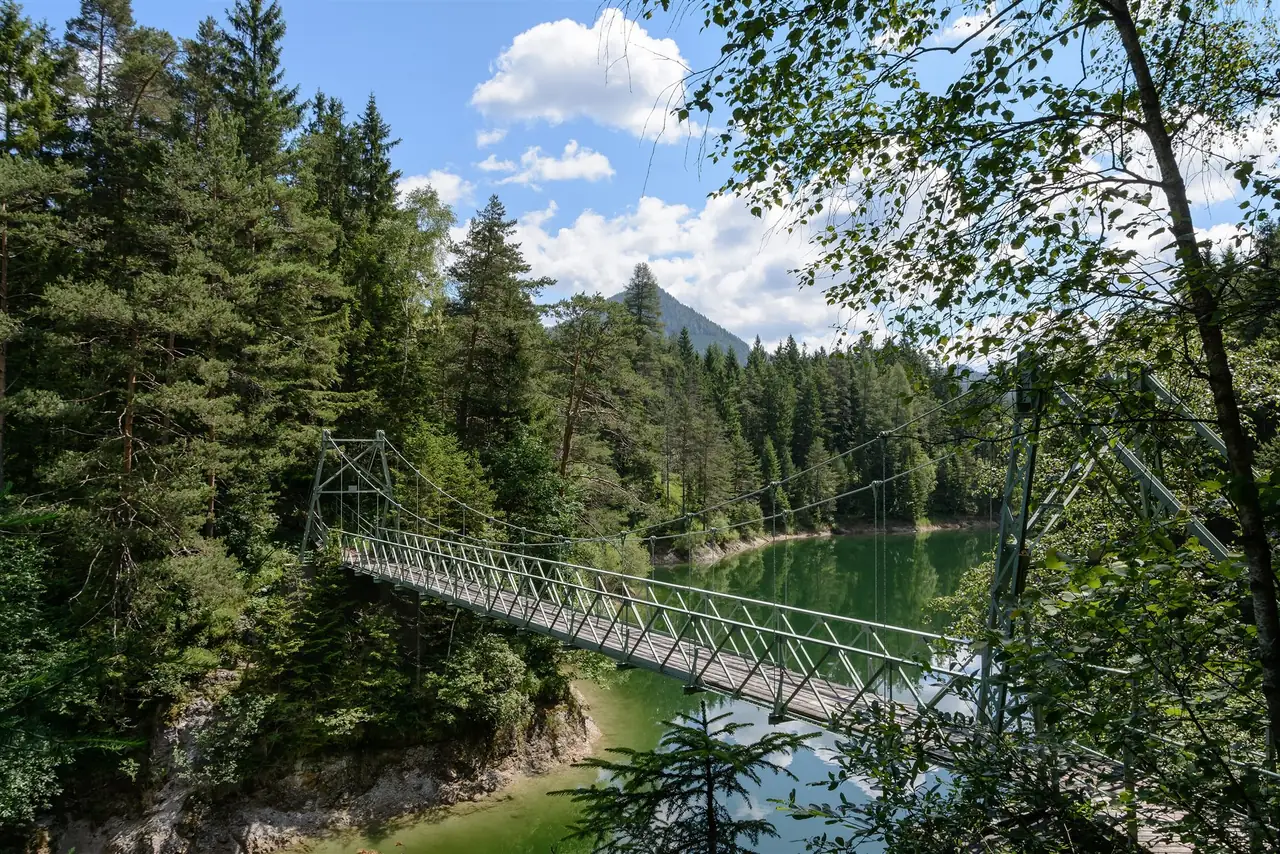 A steel suspension footbridge crosses a green arm of the Erlauf reservoir surrounded by conifer forest, with mountains in the distance.